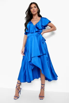 Satin Ruffle Wrap Detail Skater Dress