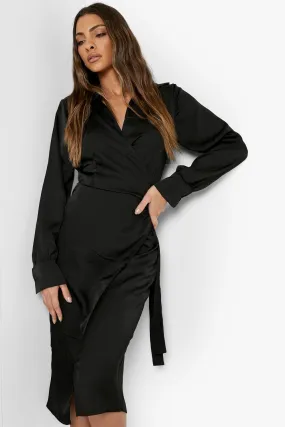 Satin Wrap Front Midi Shirt Dress