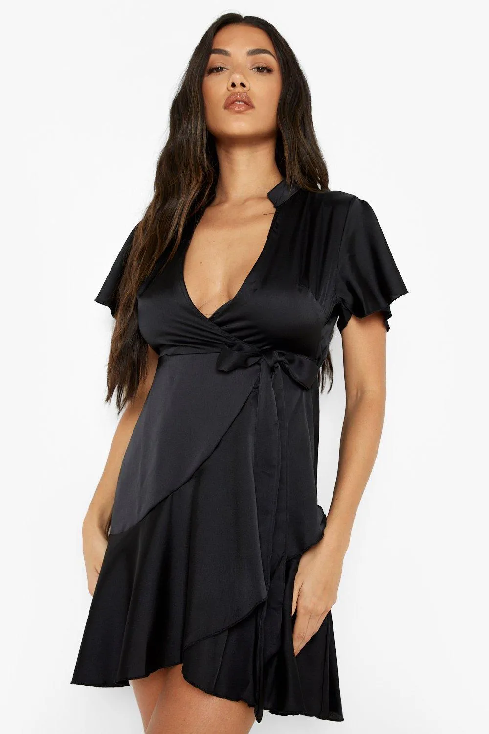 Satin Wrap Ruffle Skater Dress