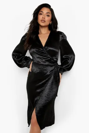 Satin Wrap Side Tie Midi Dress