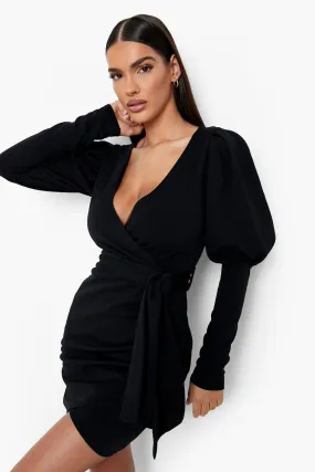 Scuba Extreme Puff Sleeve Wrap Mini Dress