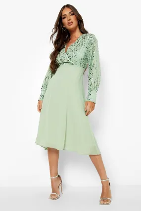 Sequin Wrap Midi Skater Dress