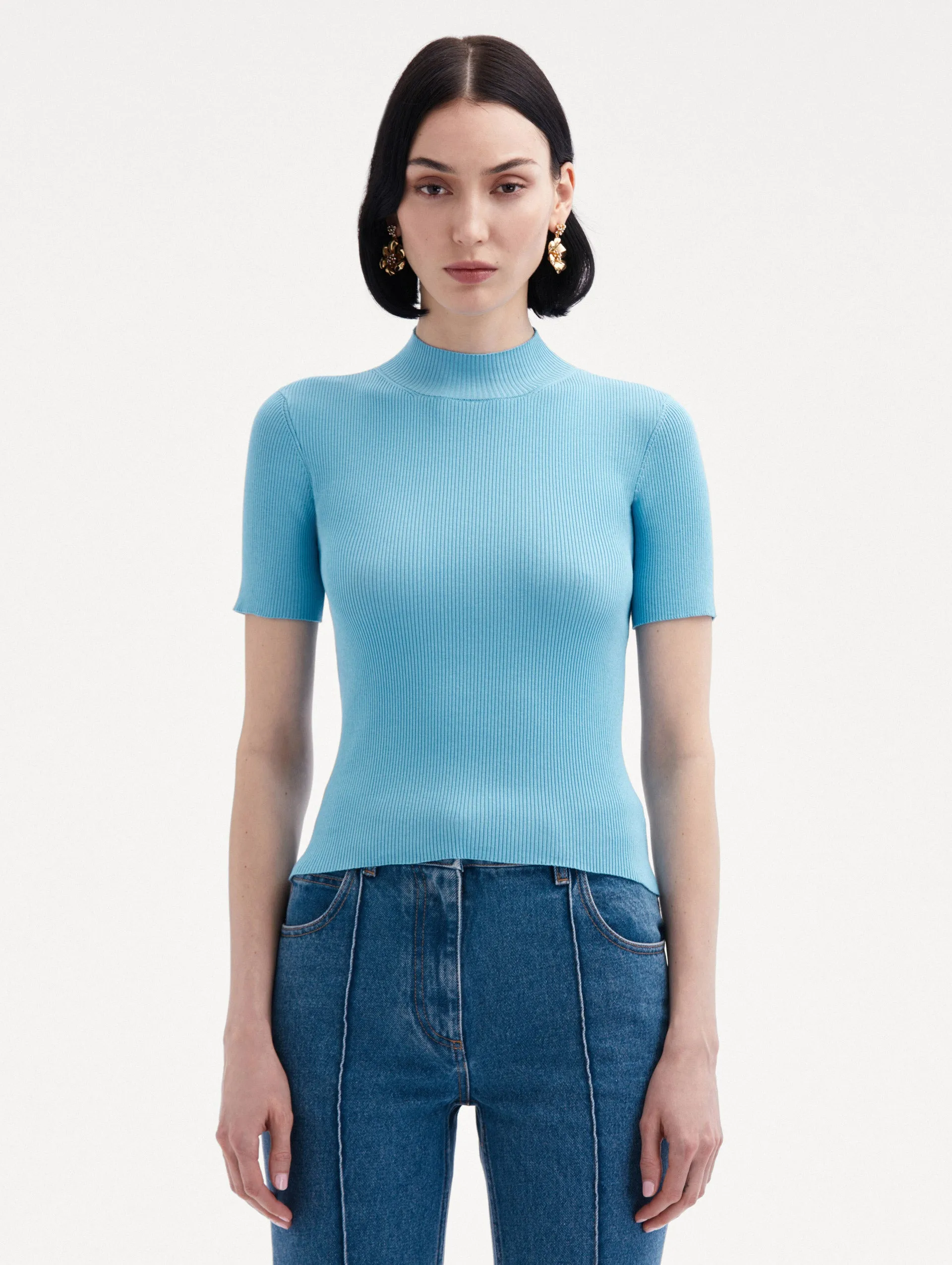 Short Sleeve Mock Neck Ribbed Pullover