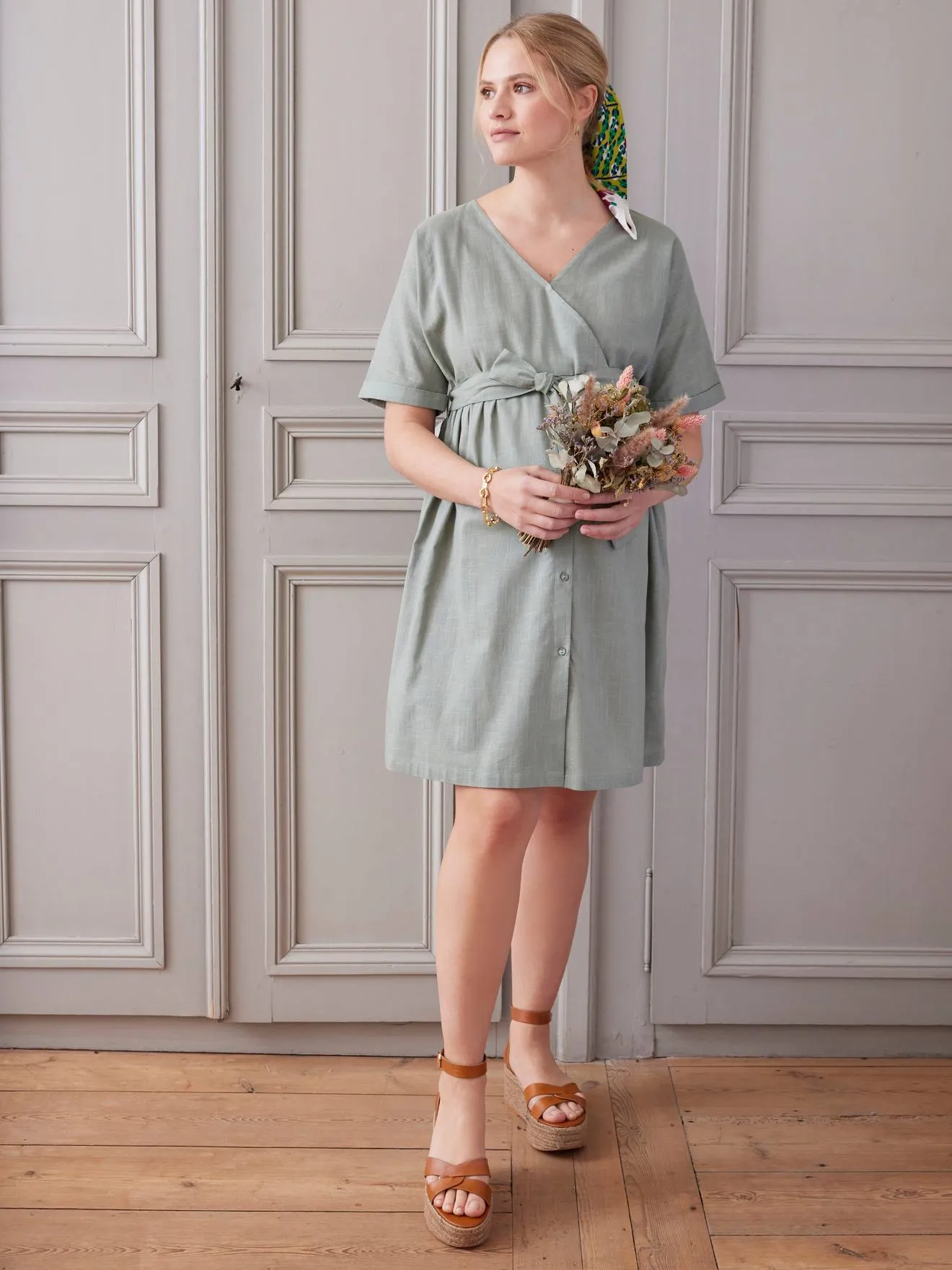 Short Wrap-Over Dress, Maternity & Nursing Special - sage green