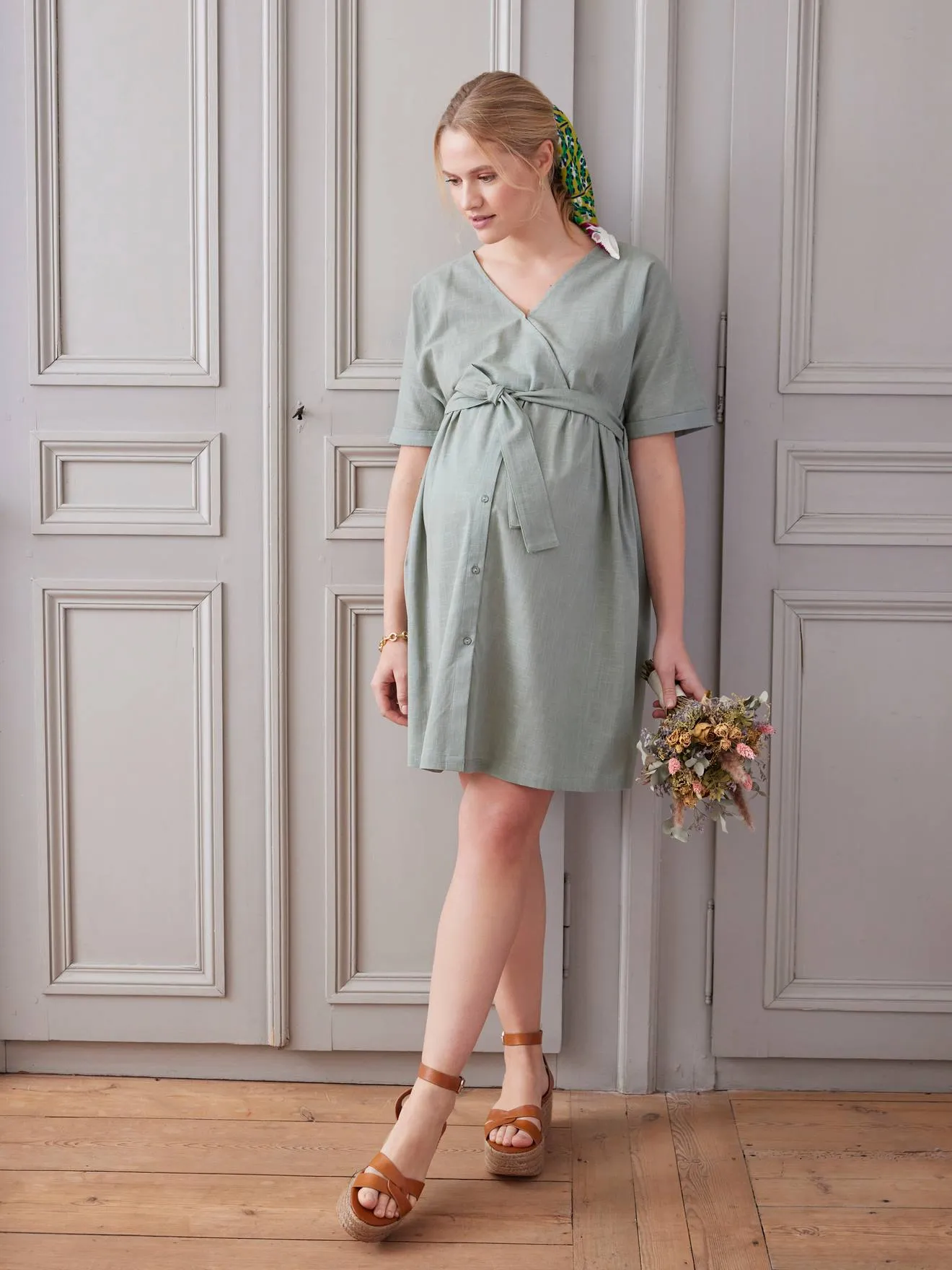 Short Wrap-Over Dress, Maternity & Nursing Special - sage green