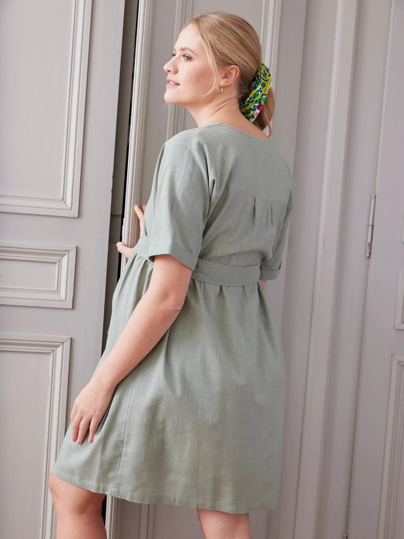 Short Wrap-Over Dress, Maternity & Nursing Special - sage green