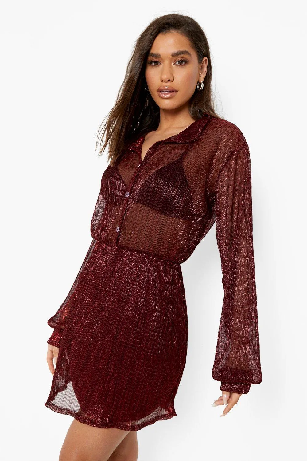 Sparkle Mesh Wrap Shirt Dress