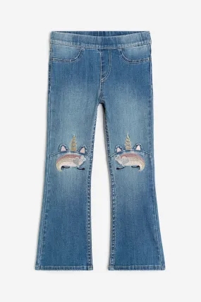 Superstretch Flared Leg Jeans - Regular waist - Regular length - Light denim blue/Unicorns - Kids | H&M GB