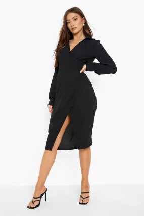 Textured Wrap Front Midi Shirt Dress