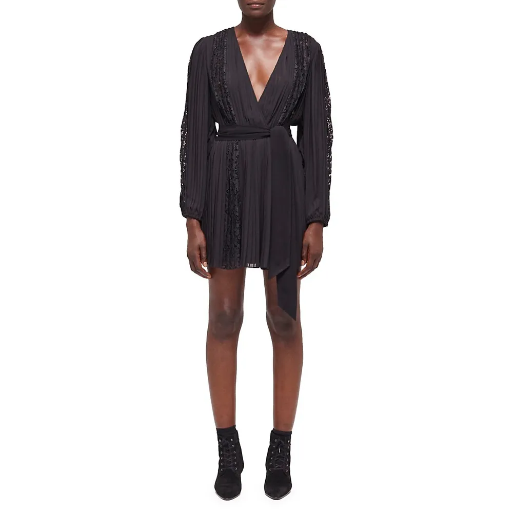 The Kooples Lace-Insert Accordion-Pleat Mini Wrap Dress