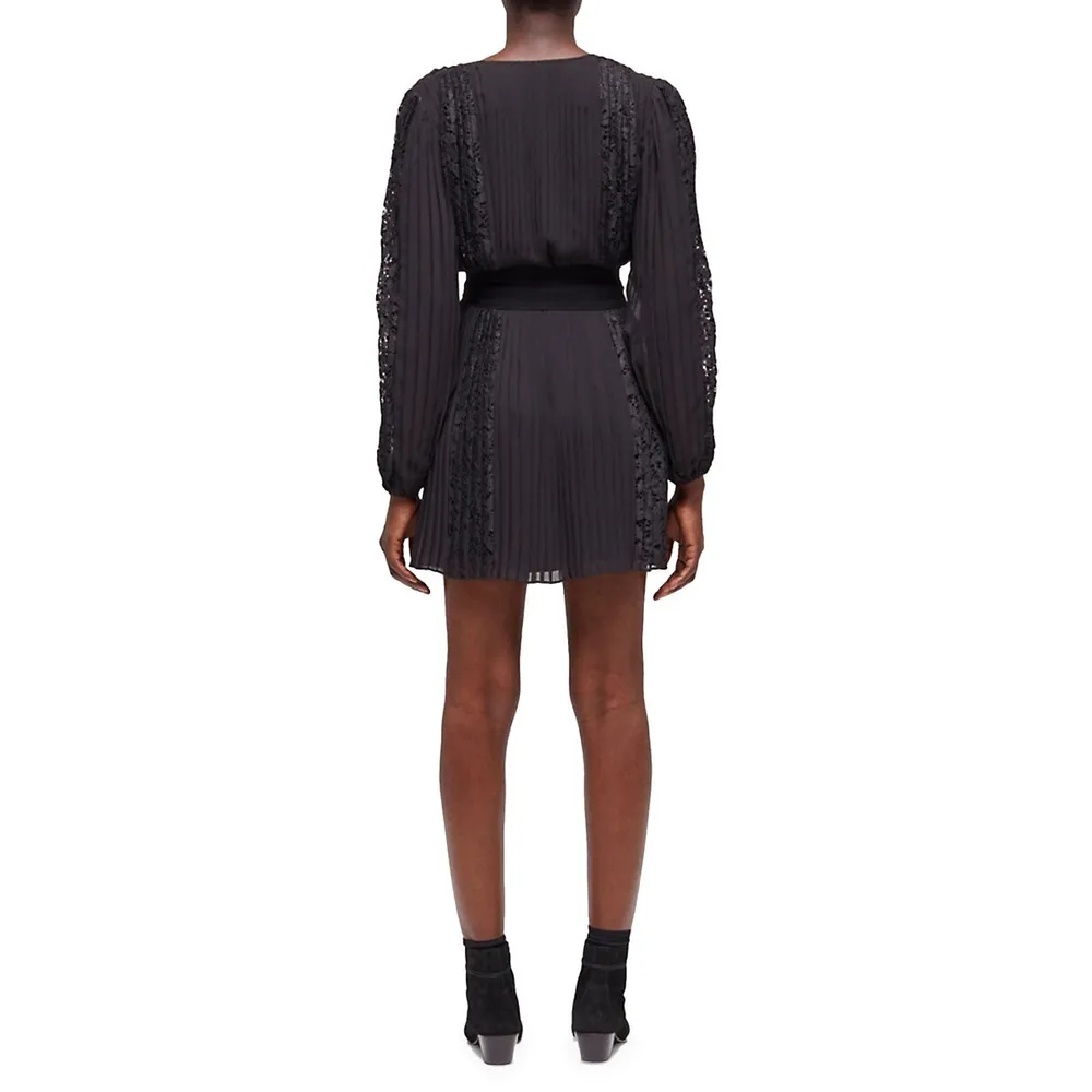 The Kooples Lace-Insert Accordion-Pleat Mini Wrap Dress