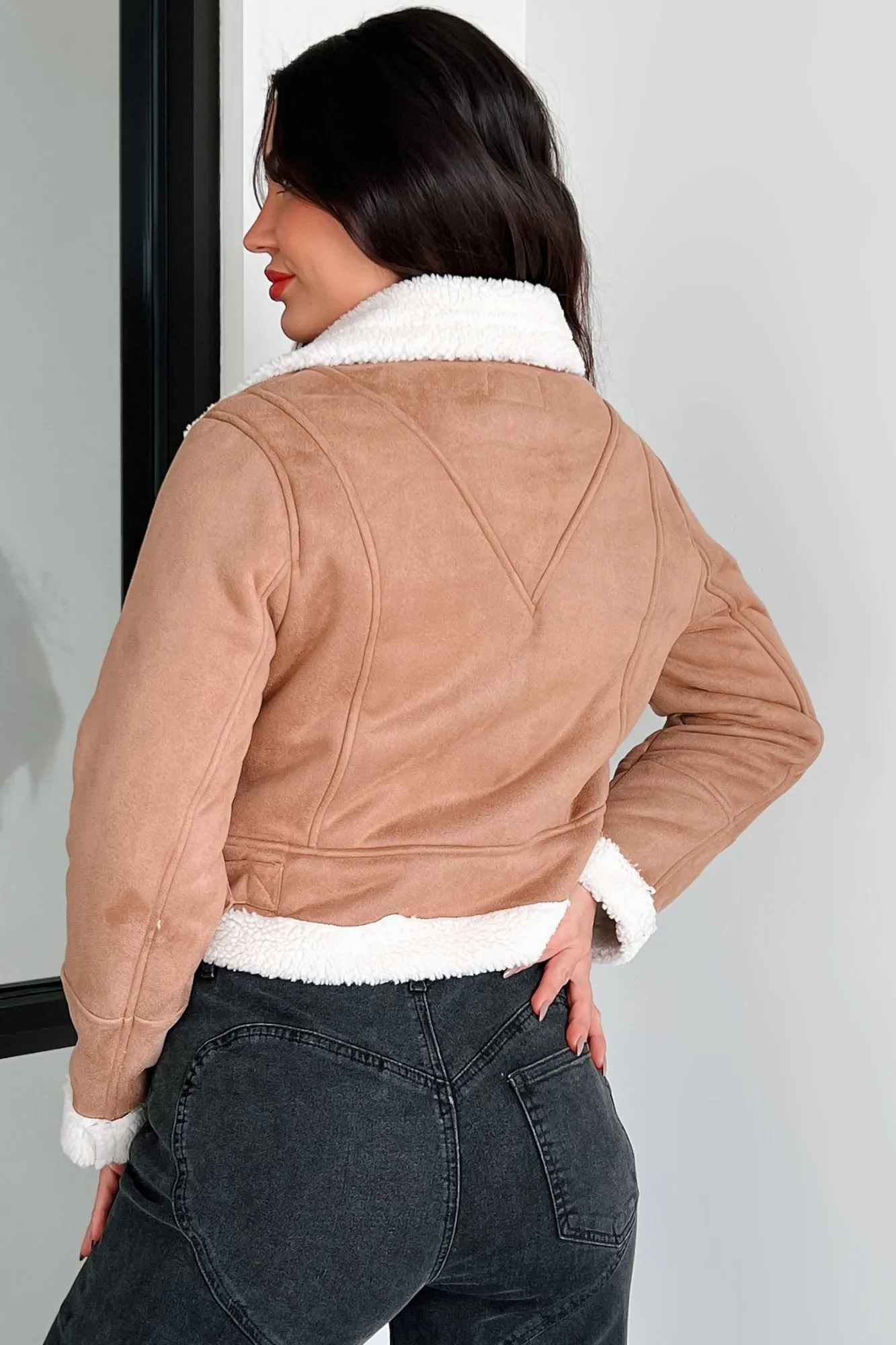 Thinking It Over Sherpa Trim Faux Suede Jacket (Brown)