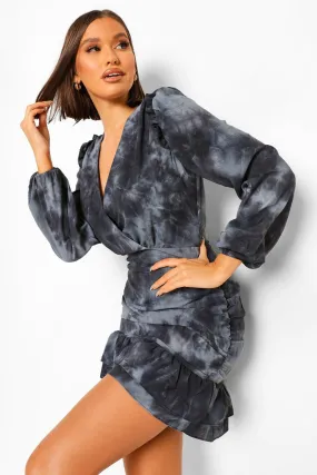 Tonal Tie Dye Ruched Wrap Front Dress