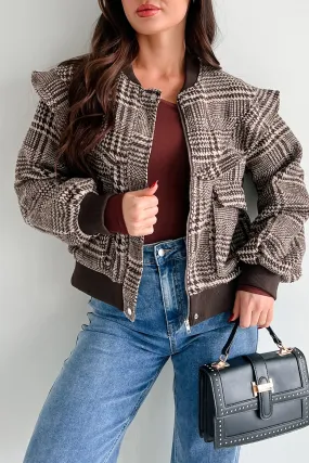 True Trailblazer Plaid Ruffle Bomber Jacket (Brown)