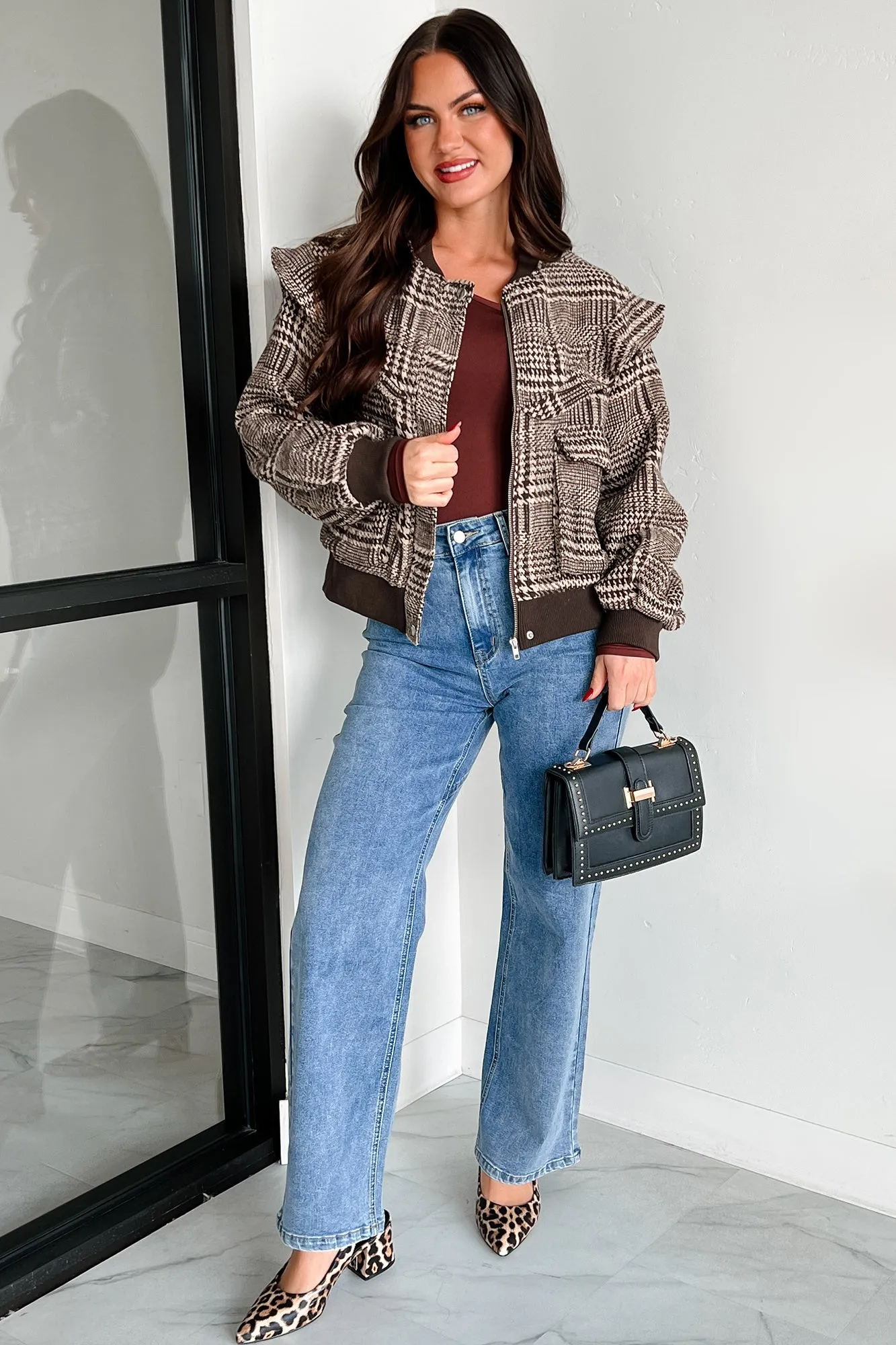 True Trailblazer Plaid Ruffle Bomber Jacket (Brown)