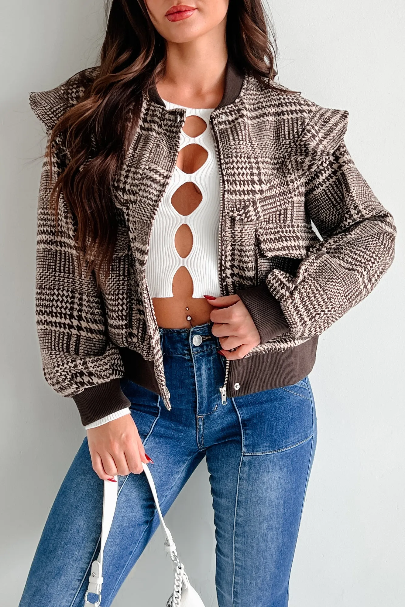 True Trailblazer Plaid Ruffle Bomber Jacket (Brown)