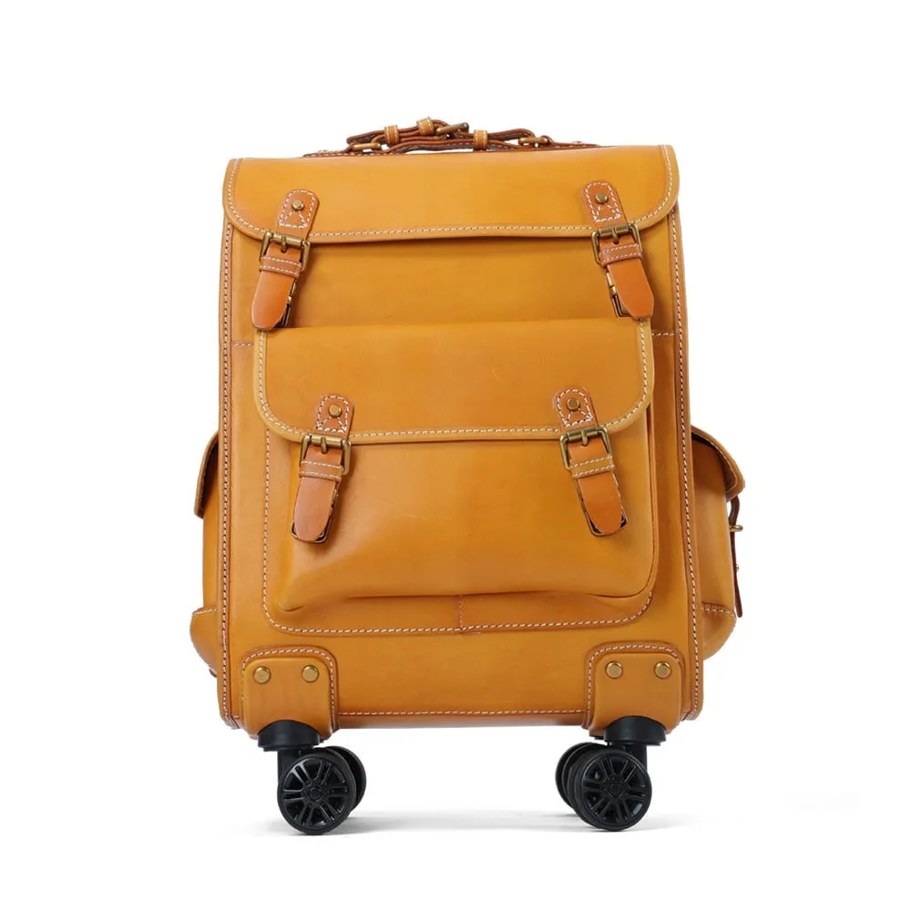 Unisex Genuine Leather Spinner Rolling Luggage Boarding Box Suitcase