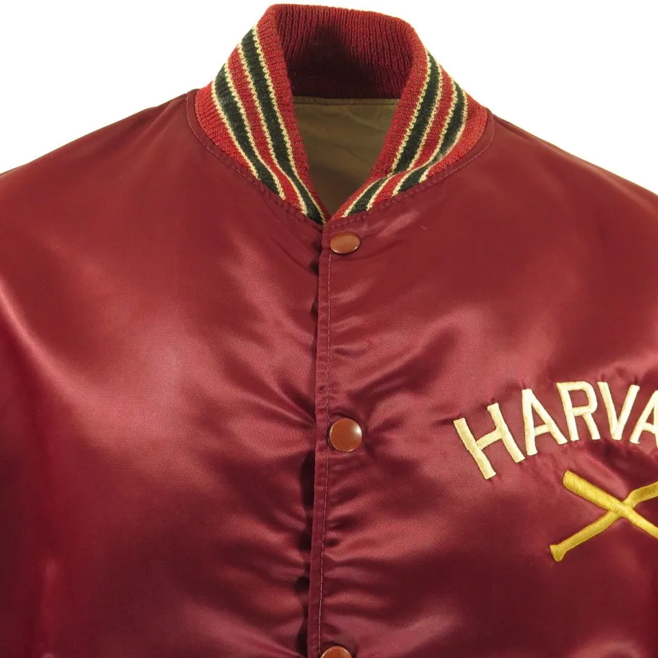 Vintage 60s Harvard Baseball Jacket Mens 44 Shiny Satin Red D Pockets