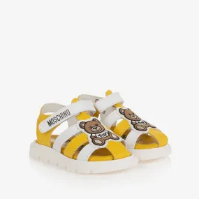 White & Yellow Leather Teddy Bear Sandals