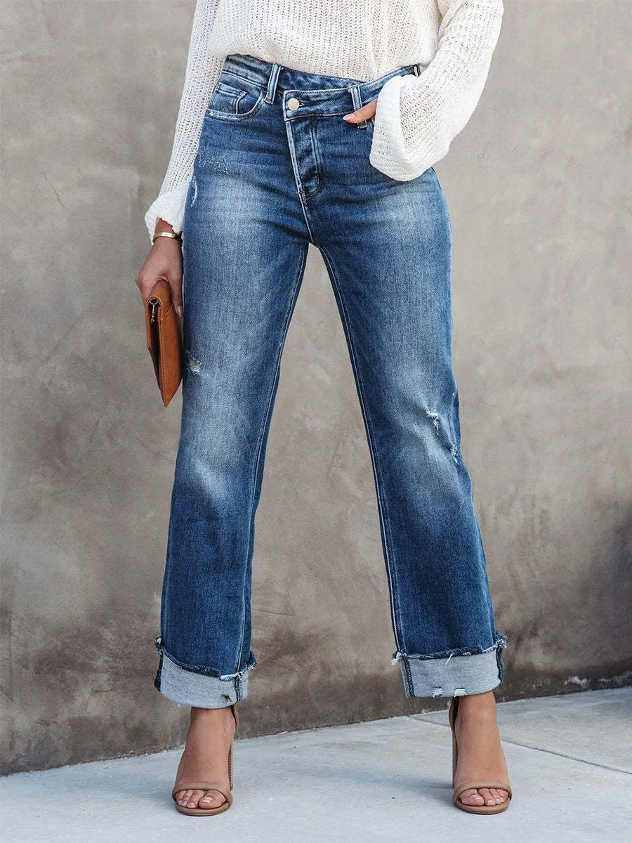 Wide Leg Jeans High-Waisted Zipper Fly Asymmetrical Women's Bottom