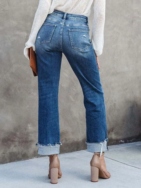 Wide Leg Jeans High-Waisted Zipper Fly Asymmetrical Women's Bottom