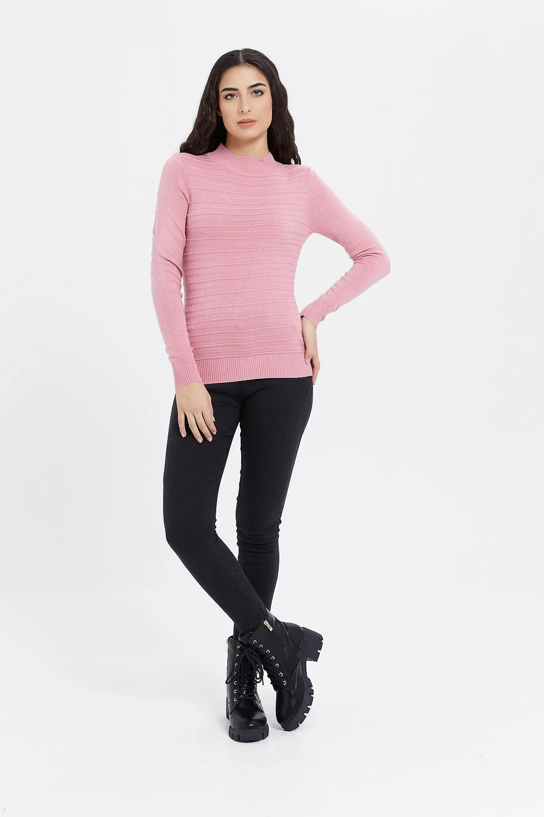 Women Mauve Knitted High Neck Pullover