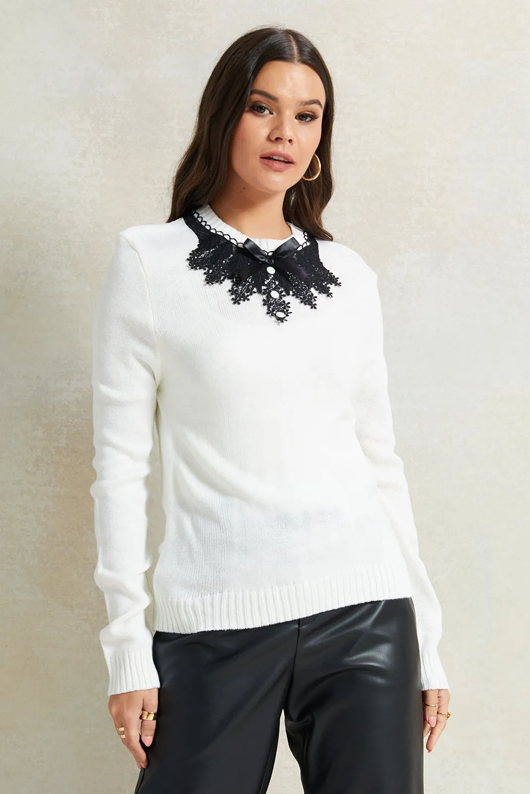 Women White Peter Pan Collar Pullover