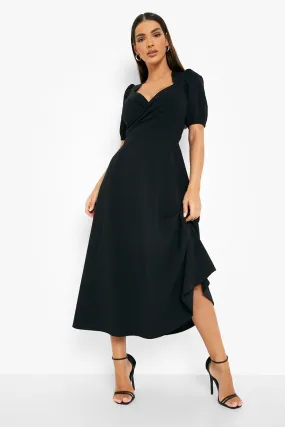 Wrap Puff Sleeve Midi Skater Dress