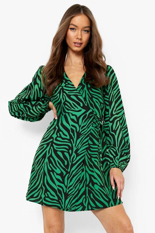 Zebra Print Balloon Sleeve Wrap Shift Dress